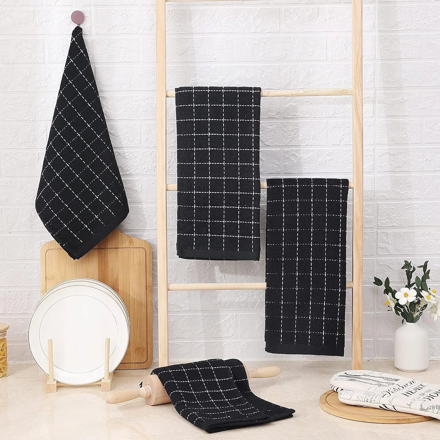 Cotton Terry Kitchen Towels(Black, 13 x 28 inches), Checkered Designed,Soft 07FC0E-D4 - KOEEK