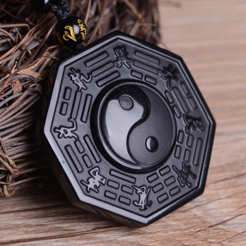 Chinese Obsidian Yin Yang Necklace Amulet Feng Shui Pendant Bead Chain 07FC0E-D4 - KOEEK