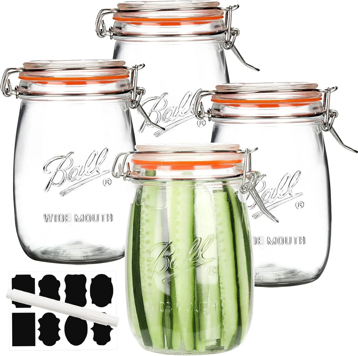 Set of 4 Wide Mouth Glass Jars with Sealing Lids, Kitchen Jars, Large Clear