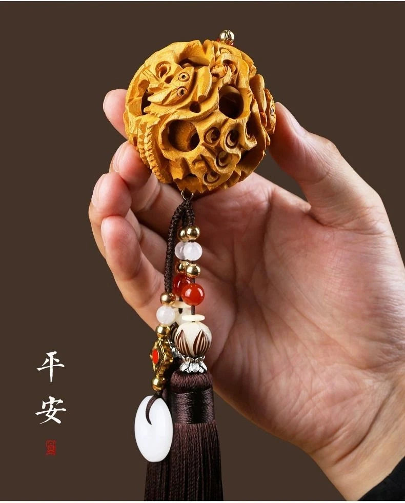 Peach Wood Dragon Car Pendant Hollow Ball Ornament Home Office Decoration 07FC0E-D4 - KOEEK