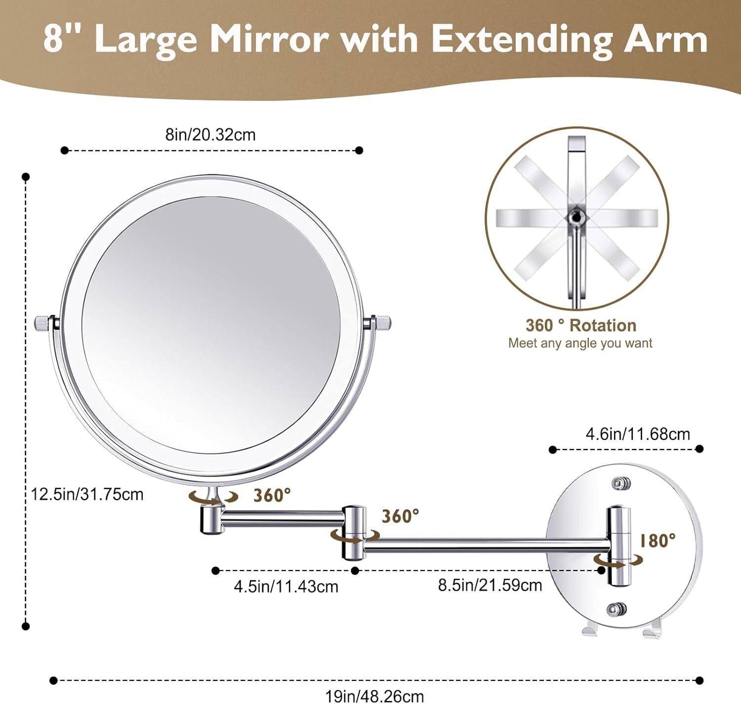 new 1X/15X Wall Mounted Makeup Mirror with Hook, USB Rechargeable LED 3 Silver 07FC0E-D4 - KOEEK