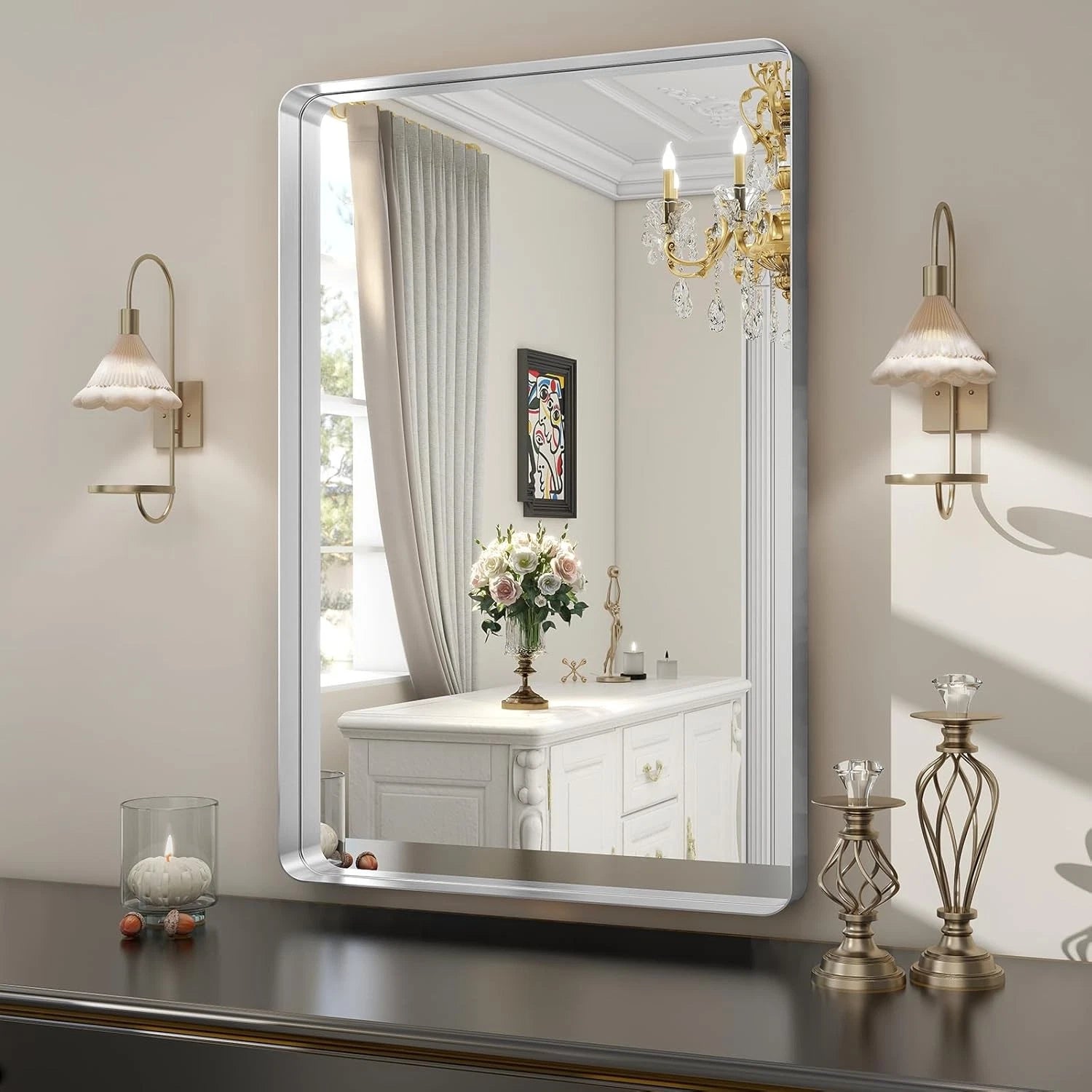 Silver Bathroom Mirror for Wall, 30x22''Rectangular Aluminum Alloy Framed Mirror 07FC0E-D4 - KOEEK