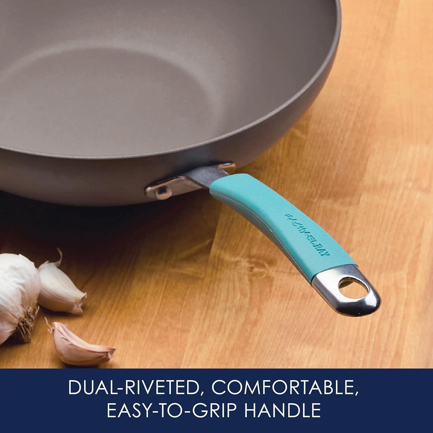 Hard Anodized Non-Stick Wok with Lid,11-Inch Wok with Lid,Gray with Blue Handles 07FC0E-D4 - KOEEK