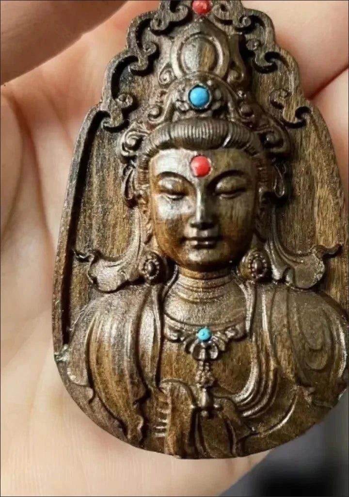 Woven Rope Godness Guanyin Necklace Natural Wood Buddha  Blessing Pendant 07FC0E-D4 - KOEEK