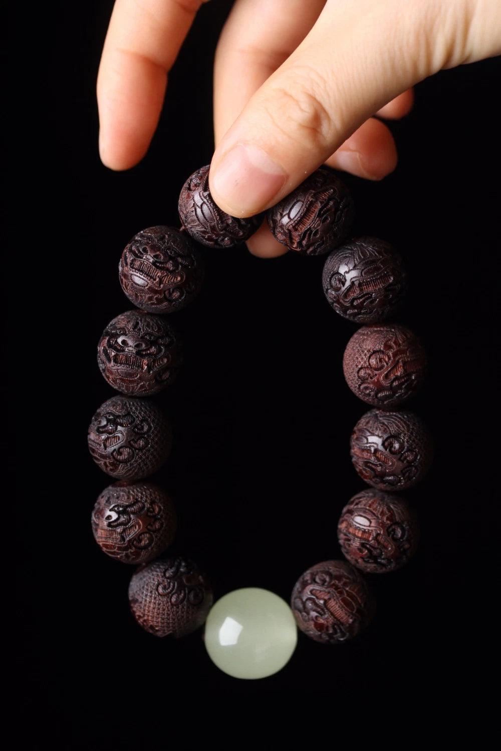 18mm Moonstone Pixiu Carved Beads Bracelet Rosewood Buddhist Prayer Jewelry 07FC0E-D4 - KOEEK
