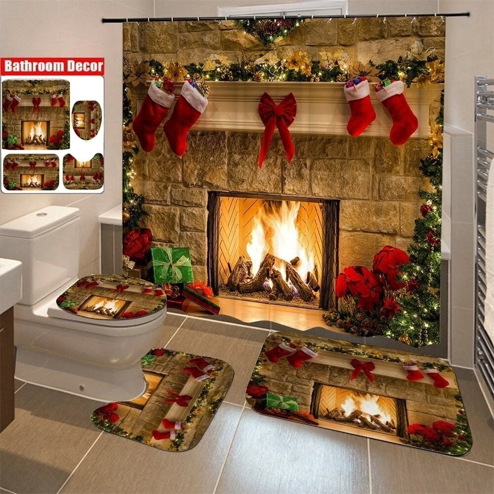 Chrismas Fireplace Shower Curtain Bath Rug Toilet Seat Cover Bathroom Set Decor 07FC0E-D4 - KOEEK