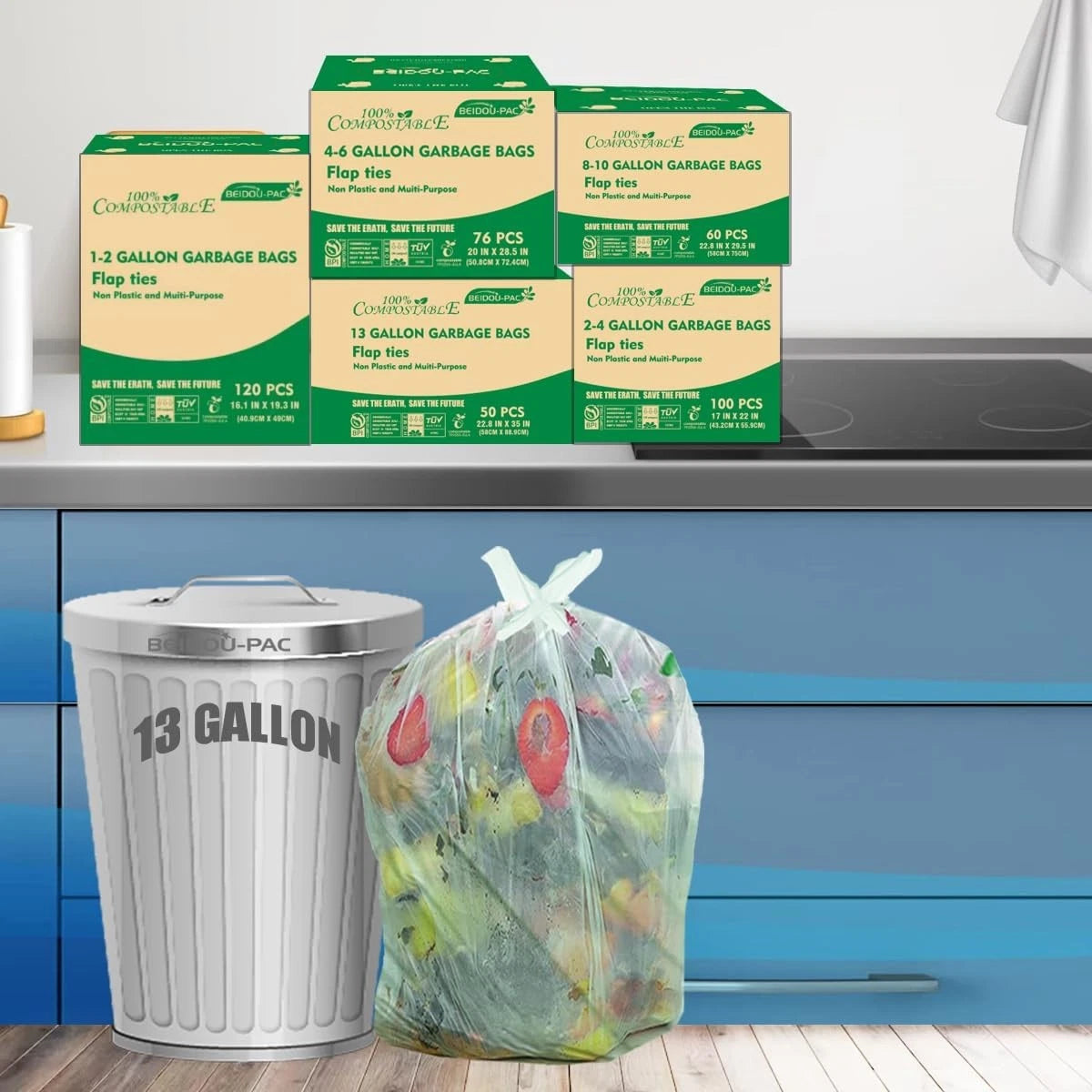 13-gallon flip-top compostable trash bags, pack of 50 07FC0E-D4 - KOEEK