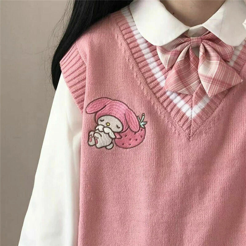 My Melody Cinnamoroll Kuromi Kawaii Cotton Sweater Knit Vest Girl's Uniform Tops 07FC0E-D4 - KOEEK