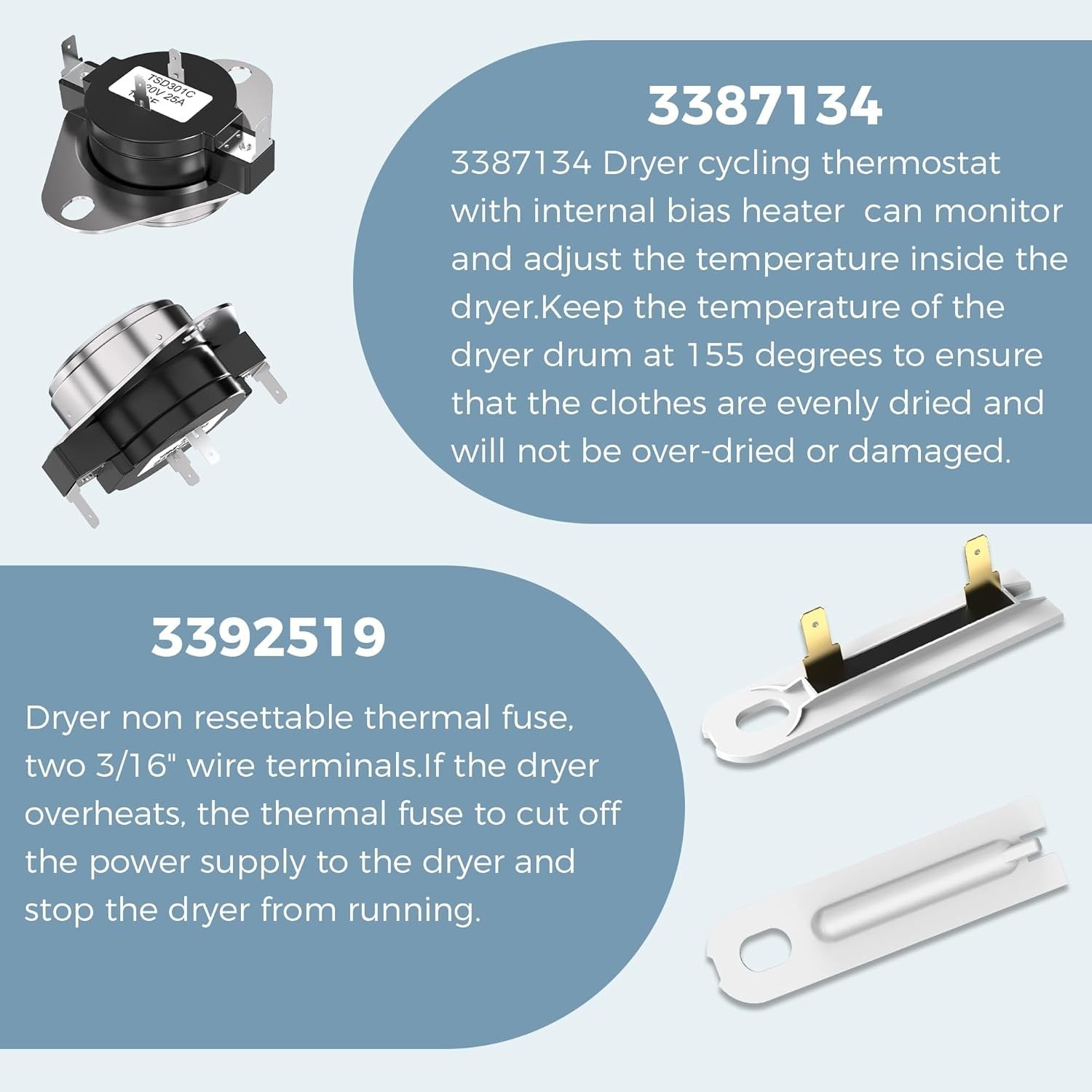 new Upgraded 3977393 Dryer Thermal Fuse 3387134 Cycling Thermostat 3392519...