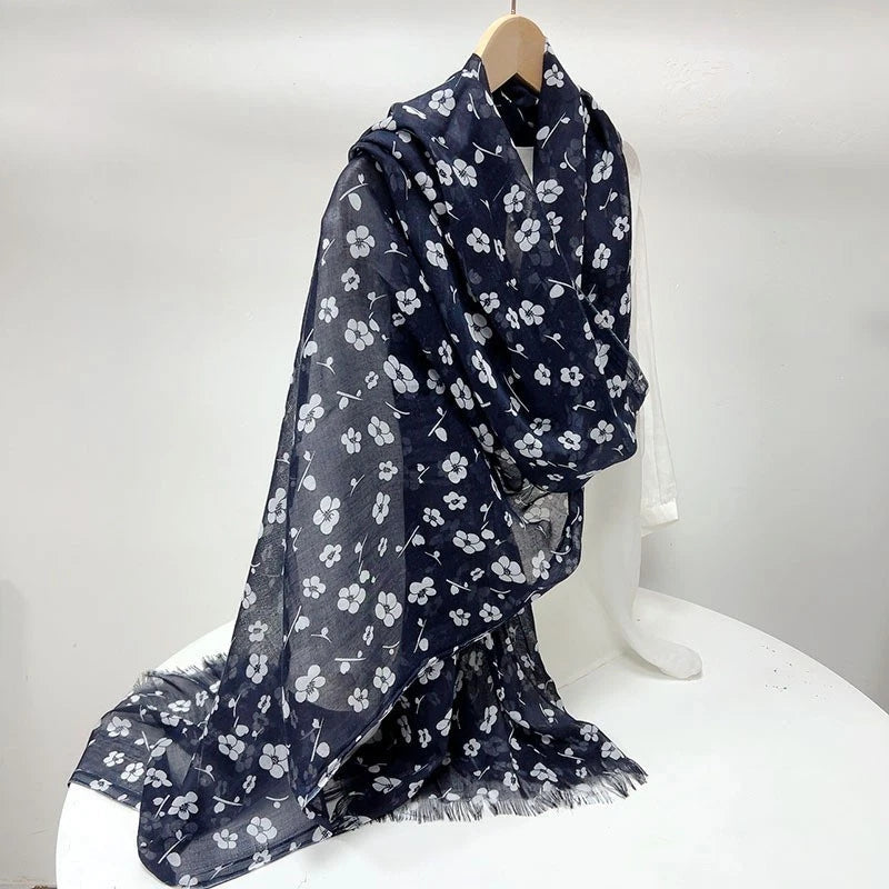 Women White Floral Blue Stole Scarf Summer Spring Soft Breathable Thin Shawl 07FC0E-D4 - KOEEK