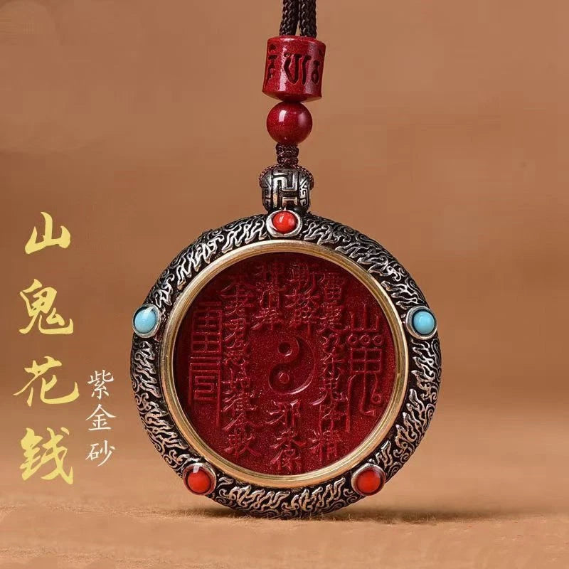 Natural Cinnabar Handcarved Tibetan Silver Bagua Pendant Amulet Necklace 07FC0E-D4 - KOEEK