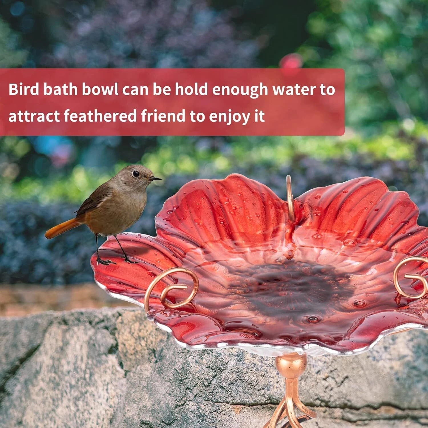 31 Inch Tall Glass Bird Pond Feeder with Metal Stake Garden Patio Outdoor Red 07FC0E-D4 - KOEEK