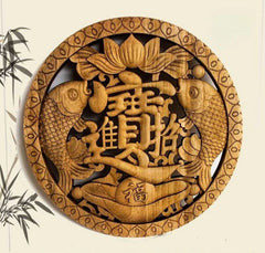 Dongyang Wood Carving luck Wealth Plaque Camphor Wood Hanging Decor 26cm 07FC0E-D4 - KOEEK