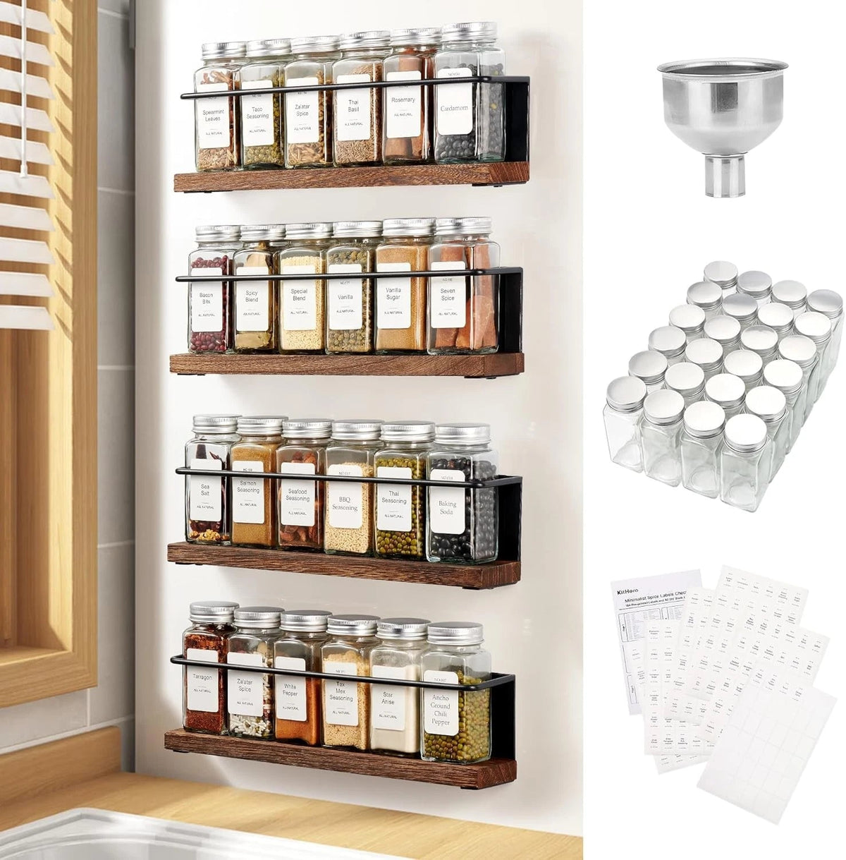 Magnetic Spice Rack with 24 Jars, 216 Labels, 1 Steel Funnel for Refrigerator 07FC0E-D4 - KOEEK