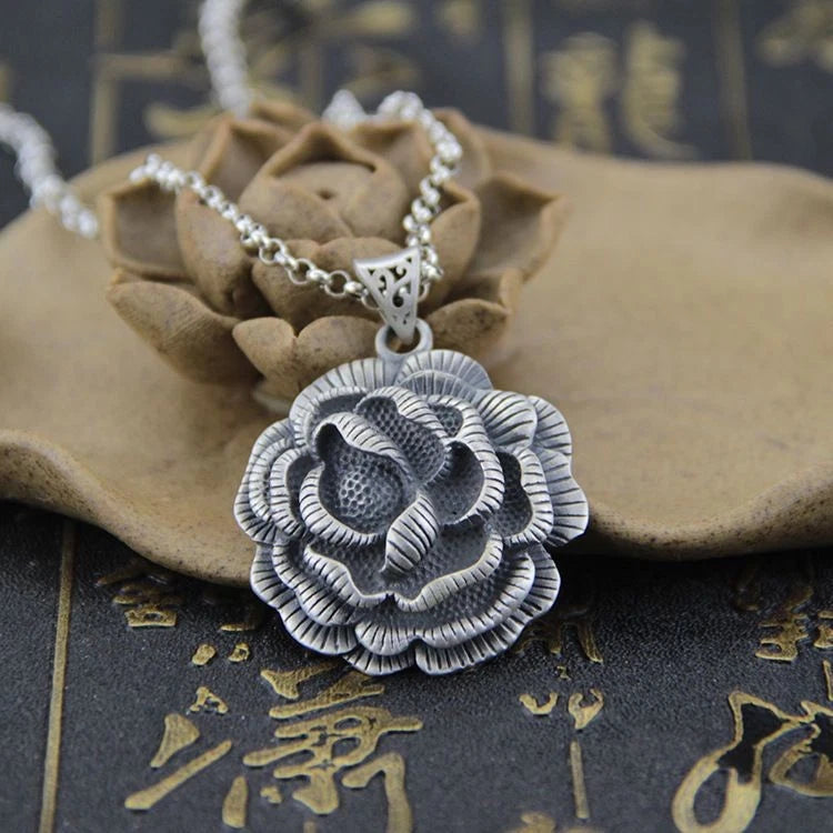 Peony Flower Pendant Silver Plated Vintage Sweater Chain Necklace 07FC0E-D4 - KOEEK
