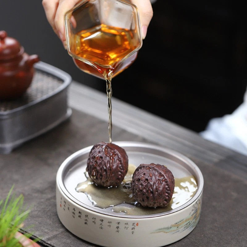 1Pair 4.4cm Yixing Purple Clay Handcarved Walnut Tea Pet Handball Luck Ornament 07FC0E-D4 - KOEEK