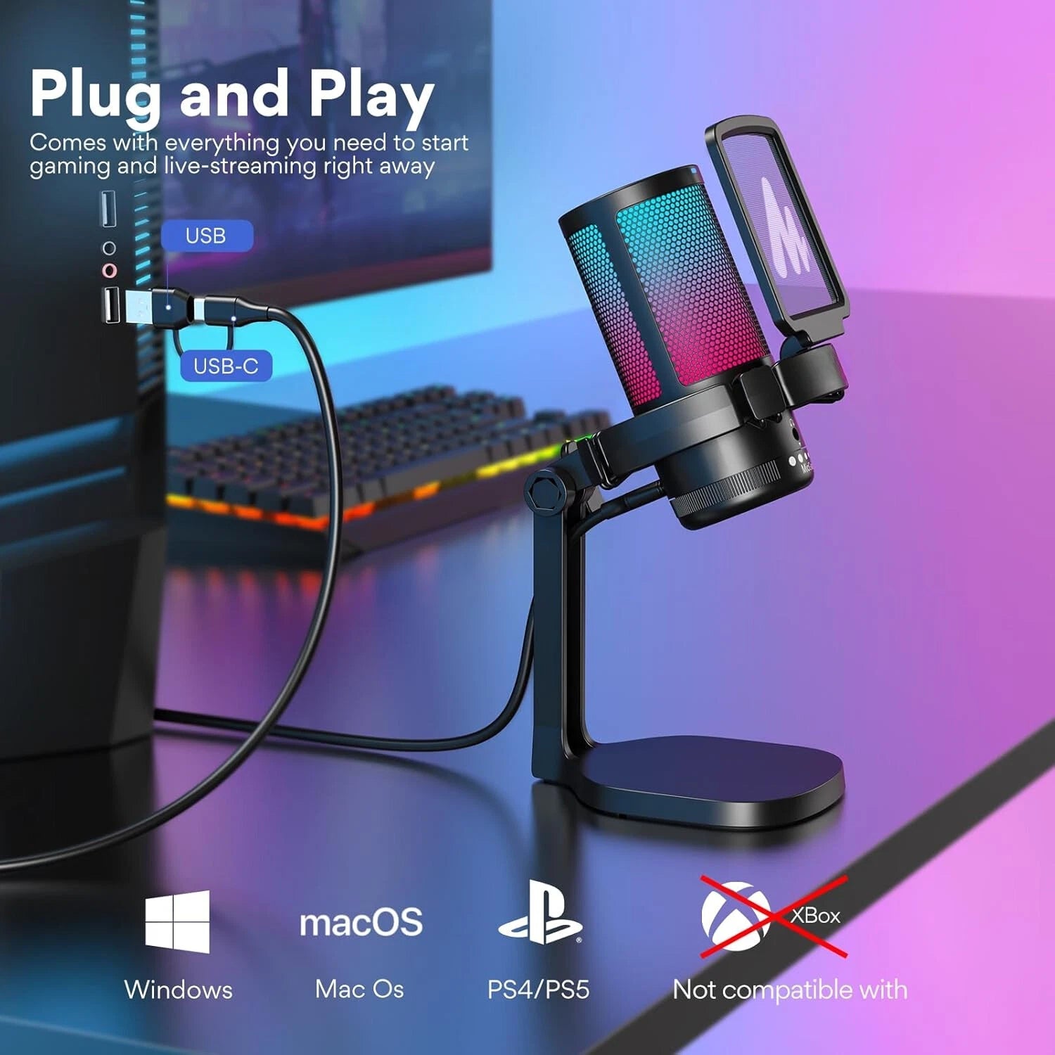 Computer Gaming Microphone with RGB Lights, Mute, Noise Canceling Microphone 07FC0E-D4 - KOEEK