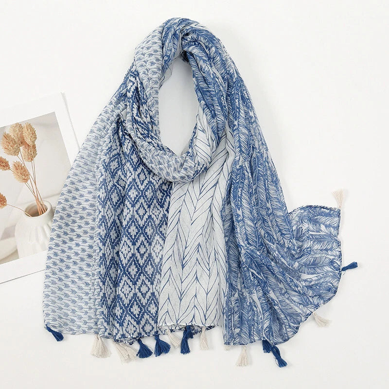 White Blue Geometric Floral Yarn Scarf Tassel Shawl Spring Pashmina Cape 07FC0E-D4 - KOEEK