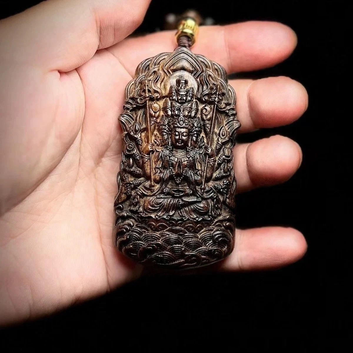 Nha Trang Agarwood Thousand Arm Guanyin Pendant Necklace Zodiac Sweater Chain 07FC0E-D4 - KOEEK