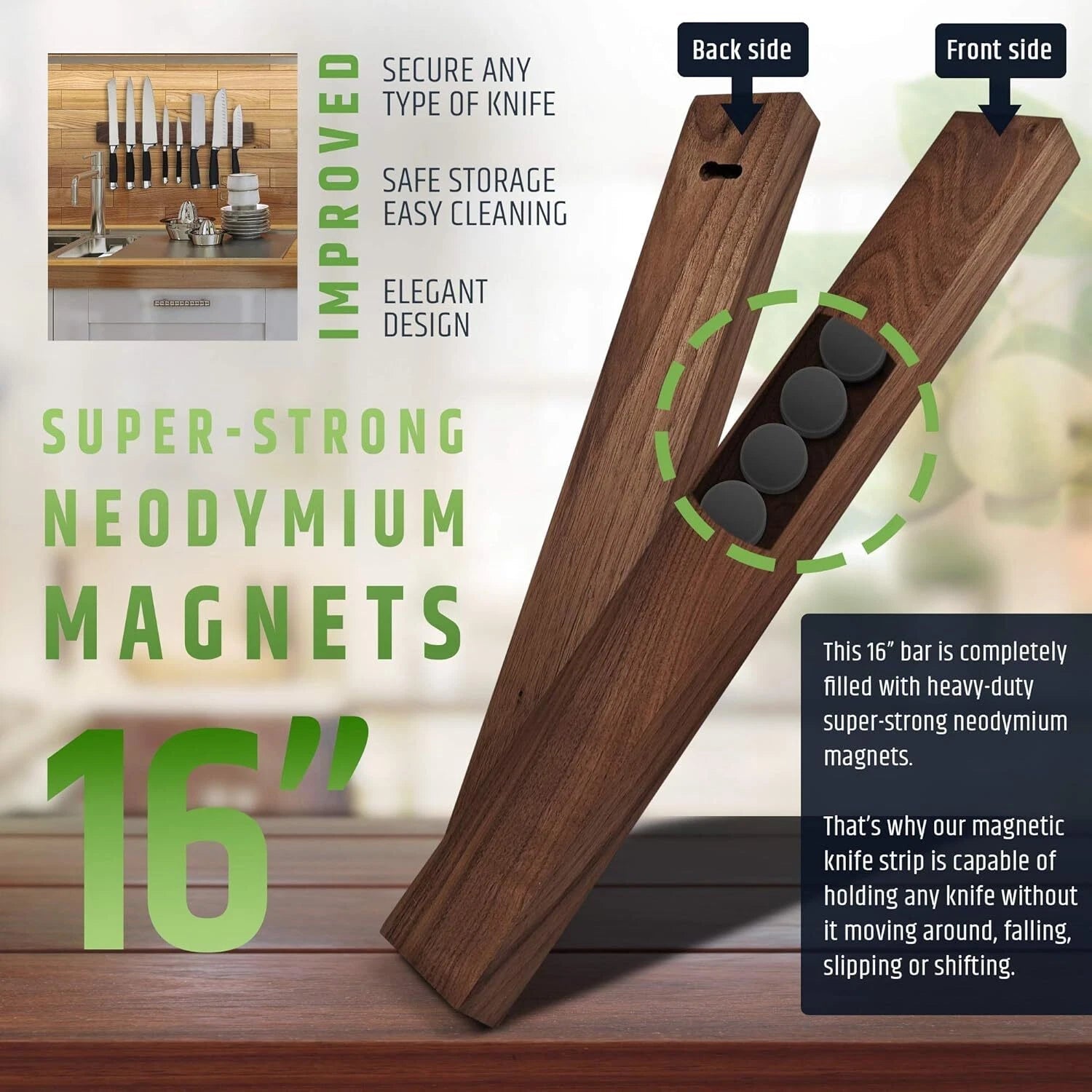 Premium Dark Walnut Wall Mounted Magnetic Knife Holder | 16 in. 07FC0E-D4 - KOEEK