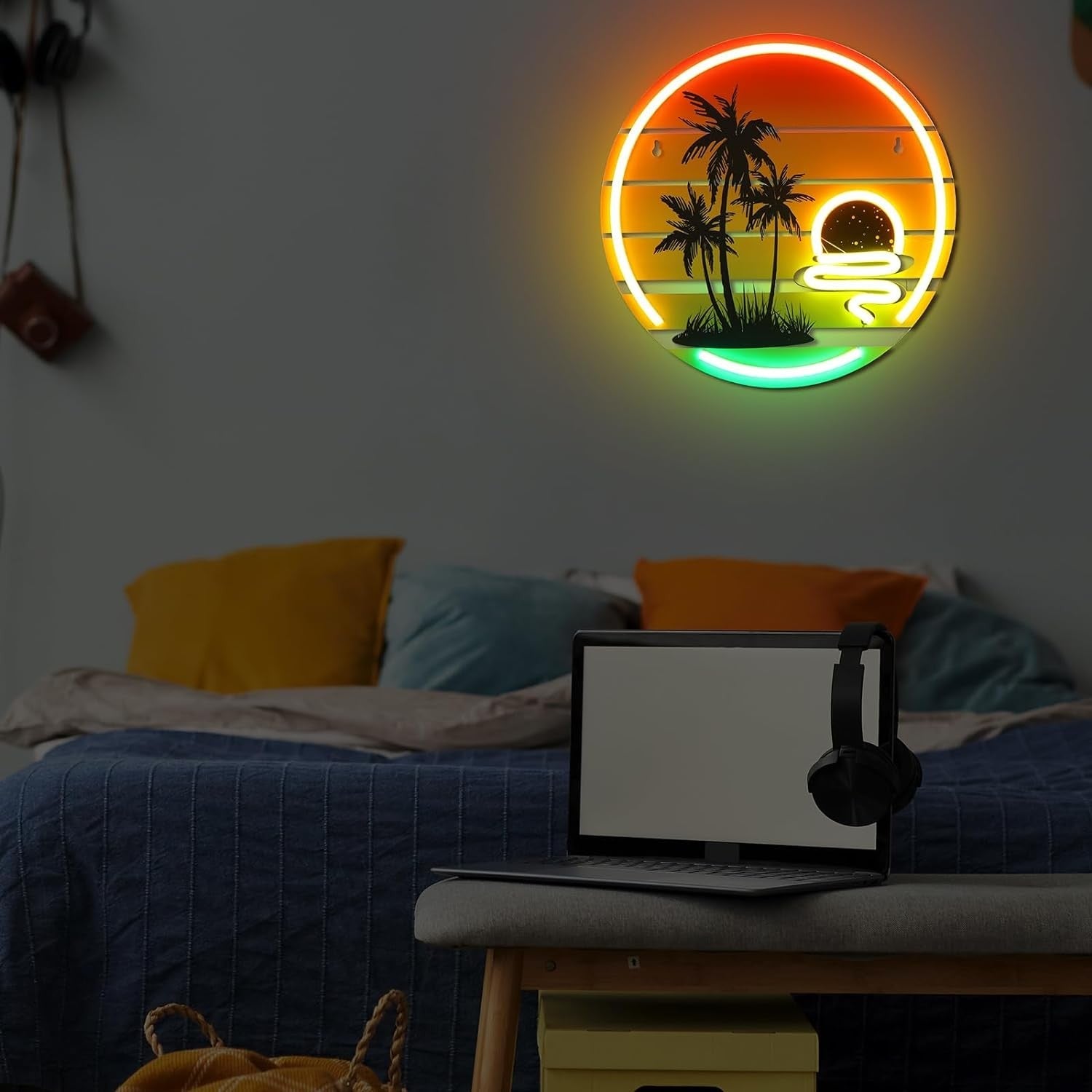 new Palm Tree Sunset Neon Sign Light for Wall Yellow, Orange, Multicolor 07FC0E-D4 - KOEEK