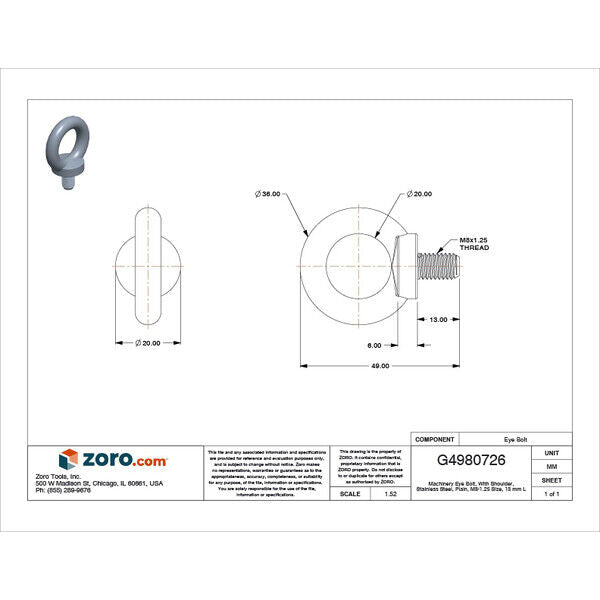 new Zoro Select M51940.080.0001 Machinery Eye Bolt With Shoulder, M8-1.25, 13 Mm