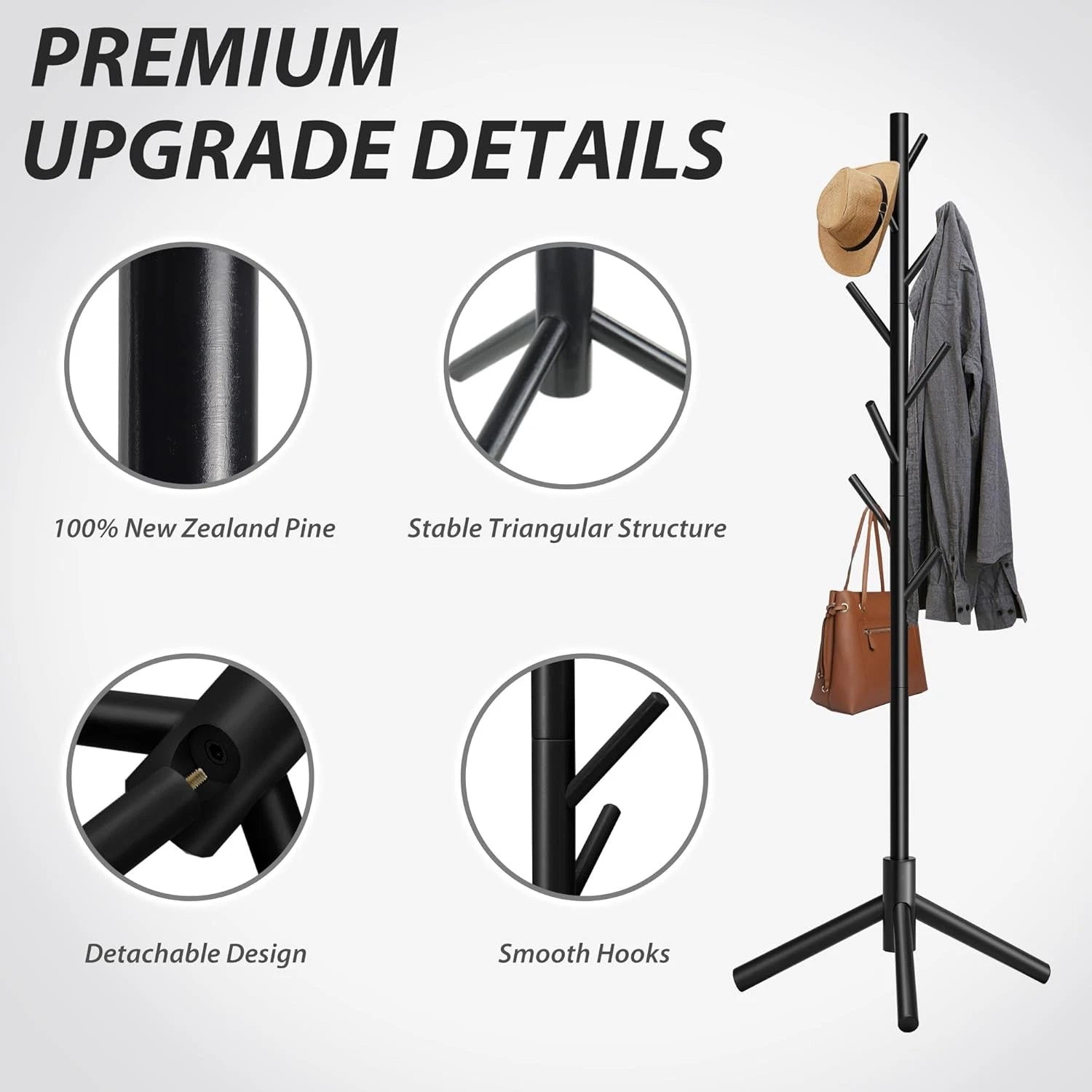 Durable Wooden Coat Rack, Freestanding Coat Rack with Stable Triangular Base 07FC0E-D4 - KOEEK