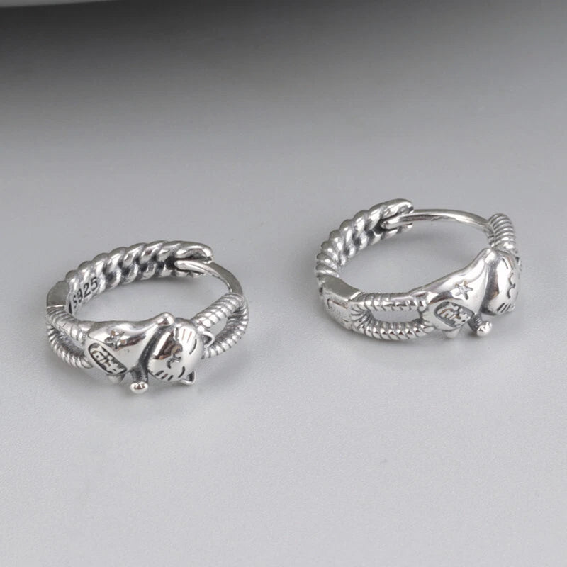 Solid 925 Sterling Silver Rich Cat Lovely Hoop Earrings 14mm Hoop 07FC0E-D4 - KOEEK