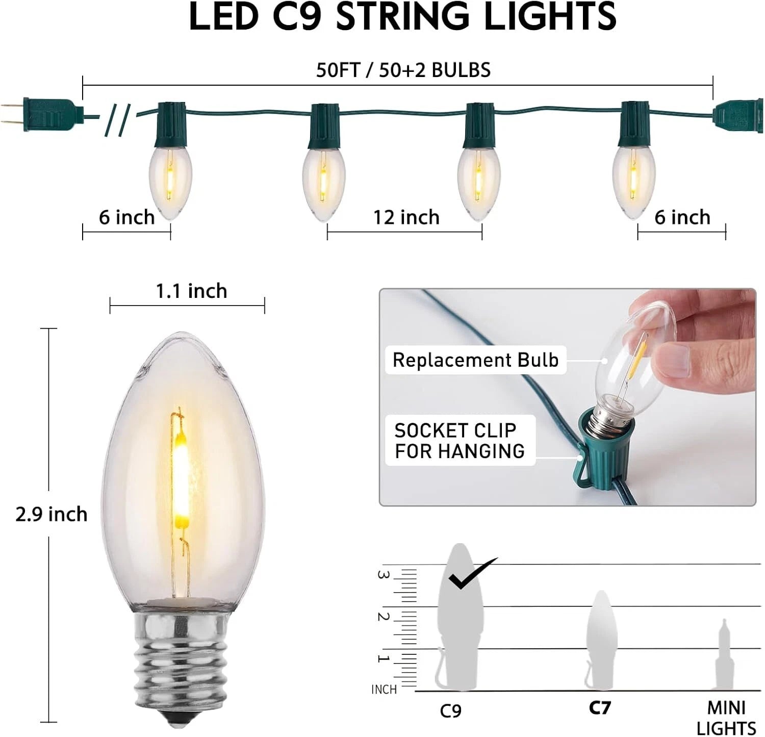 Vintage C9 LED Outdoor Warm White Christmas Lights, 50ft C9 String Lights 07FC0E-D4 - KOEEK