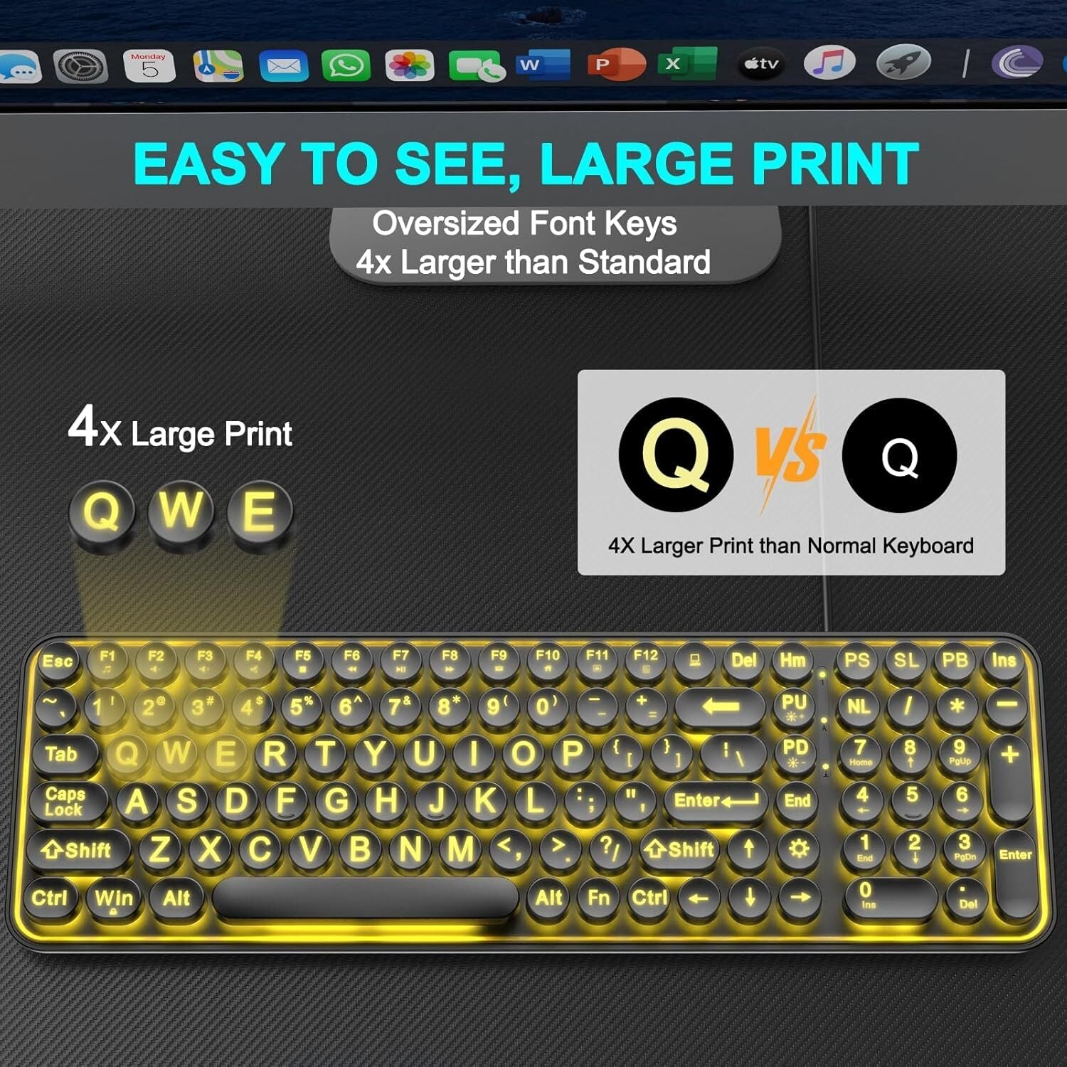 new Large Print Backlit Keyboard, Wired USB Lighted Computer Multi-color 07FC0E-D4 - KOEEK