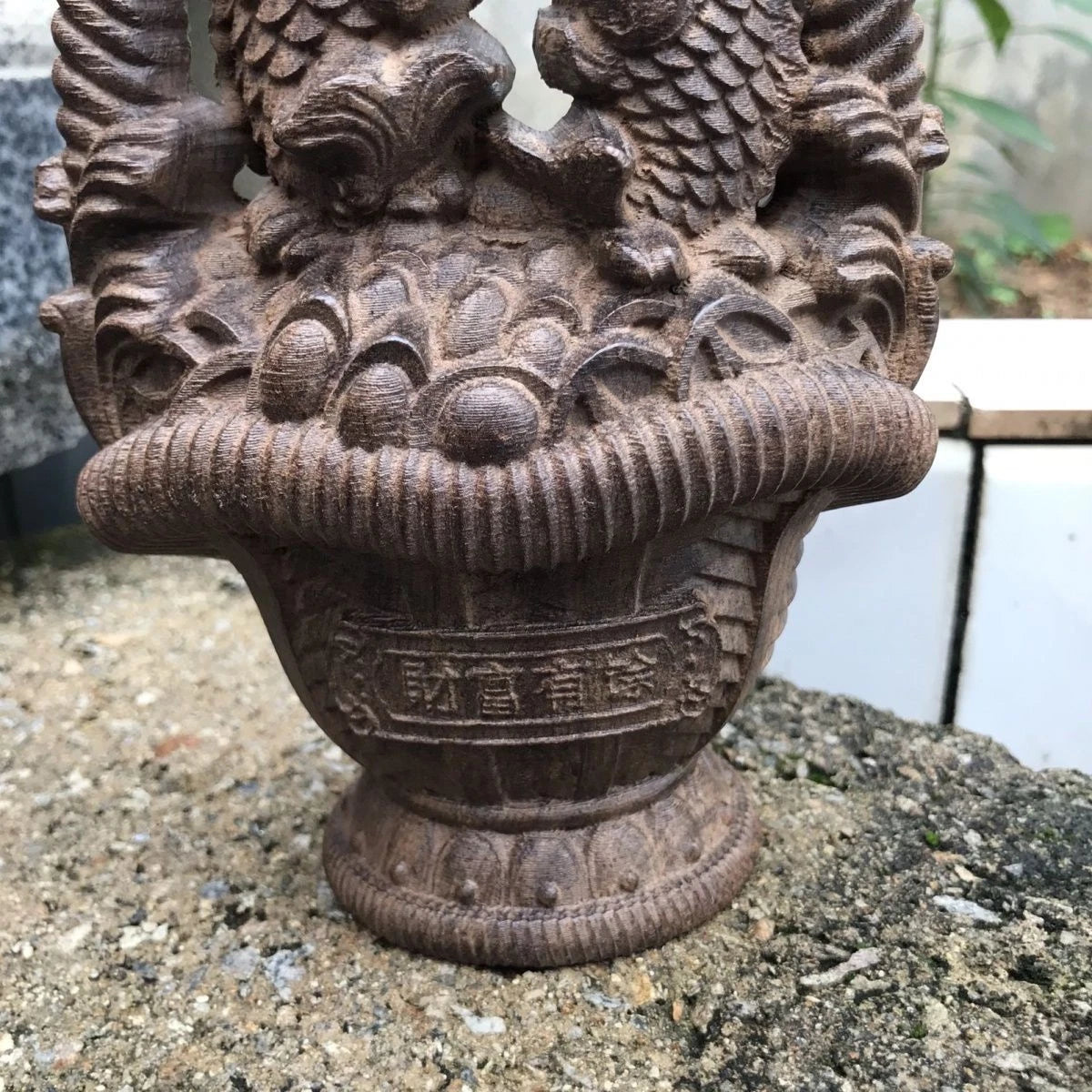 Vietnam Agarwood Flower Basket Figurine 18cm Wood Carving Feng Shui Decor Gift 07FC0E-D4 - KOEEK