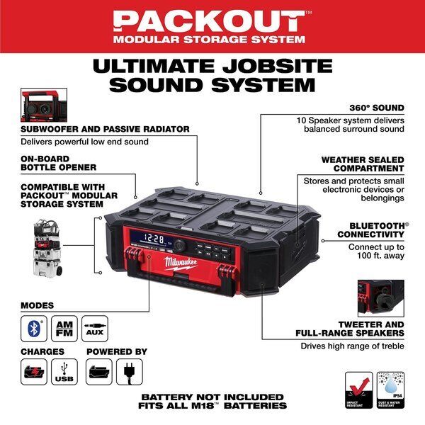 ny Milwaukee Tool 2950-20 M18 Packout Radio + oplader (kun værktøj)