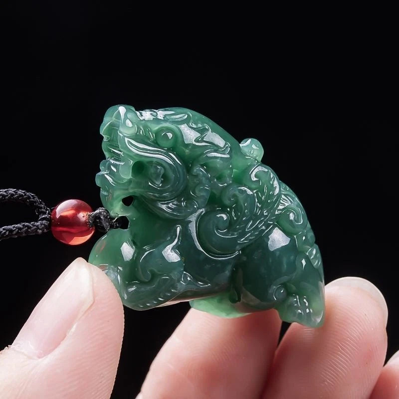 Natural Jadeite Blue Water Flying Qilin Pendant Icy Jade Wealth Mens Necklace 07FC0E-D4 - KOEEK