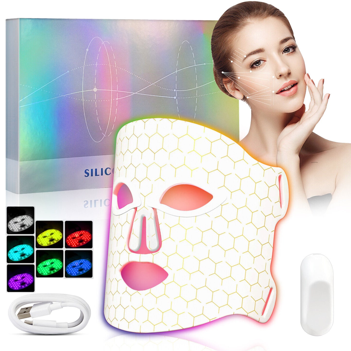 ny 7Color LED Phototherapy Beauty Face Mask Skin Rejuvenation Anti Wrinkle Silikon