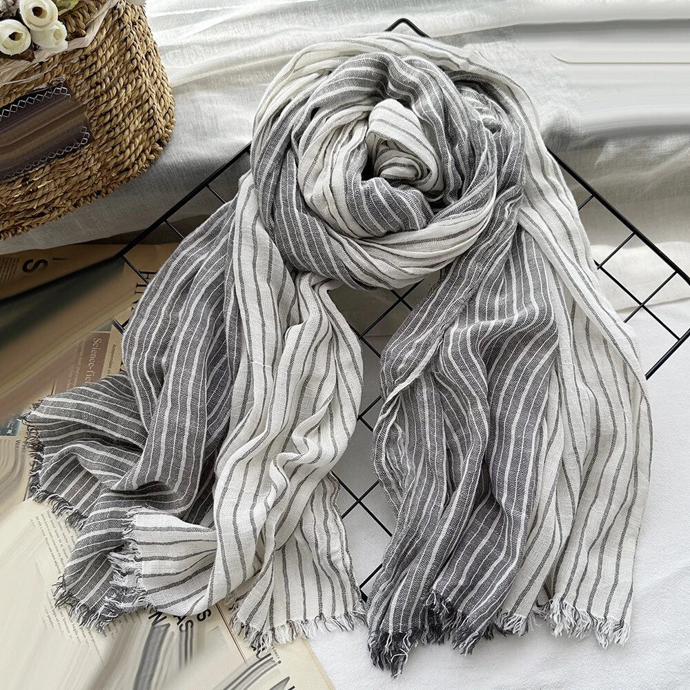 Cotton Linen Scarf Women Striped Shawls Headwaps Men's Scarf Muslim Head Scarves 07FC0E-D4 - KOEEK