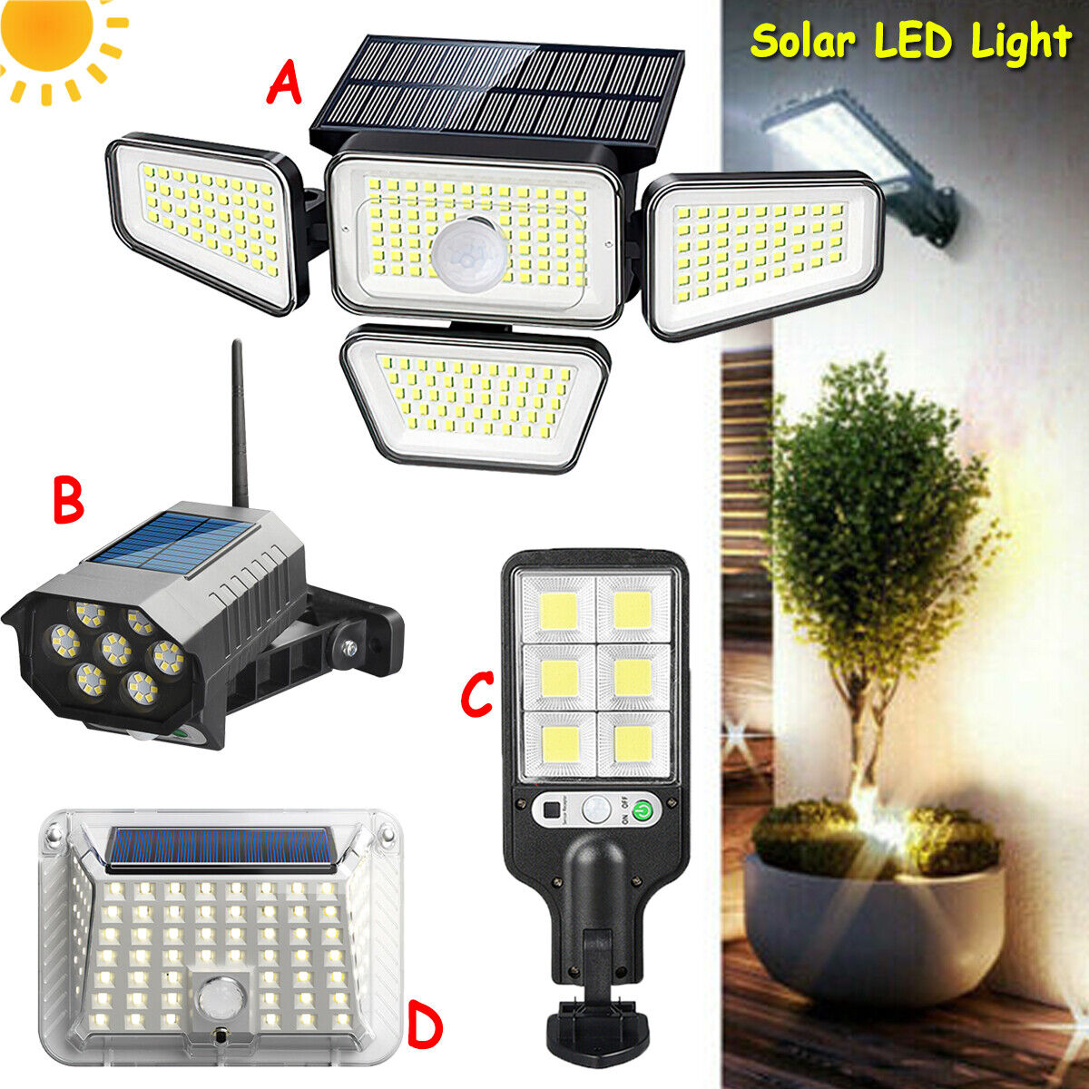 nye Solar Security Lights 4 Head 90000LM Motion Sensor Lights Justerbar Flood Light