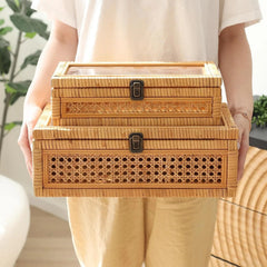 Rattan Strip Stacking Box with Glass Top - Set of 2 07FC0E-D4 - KOEEK