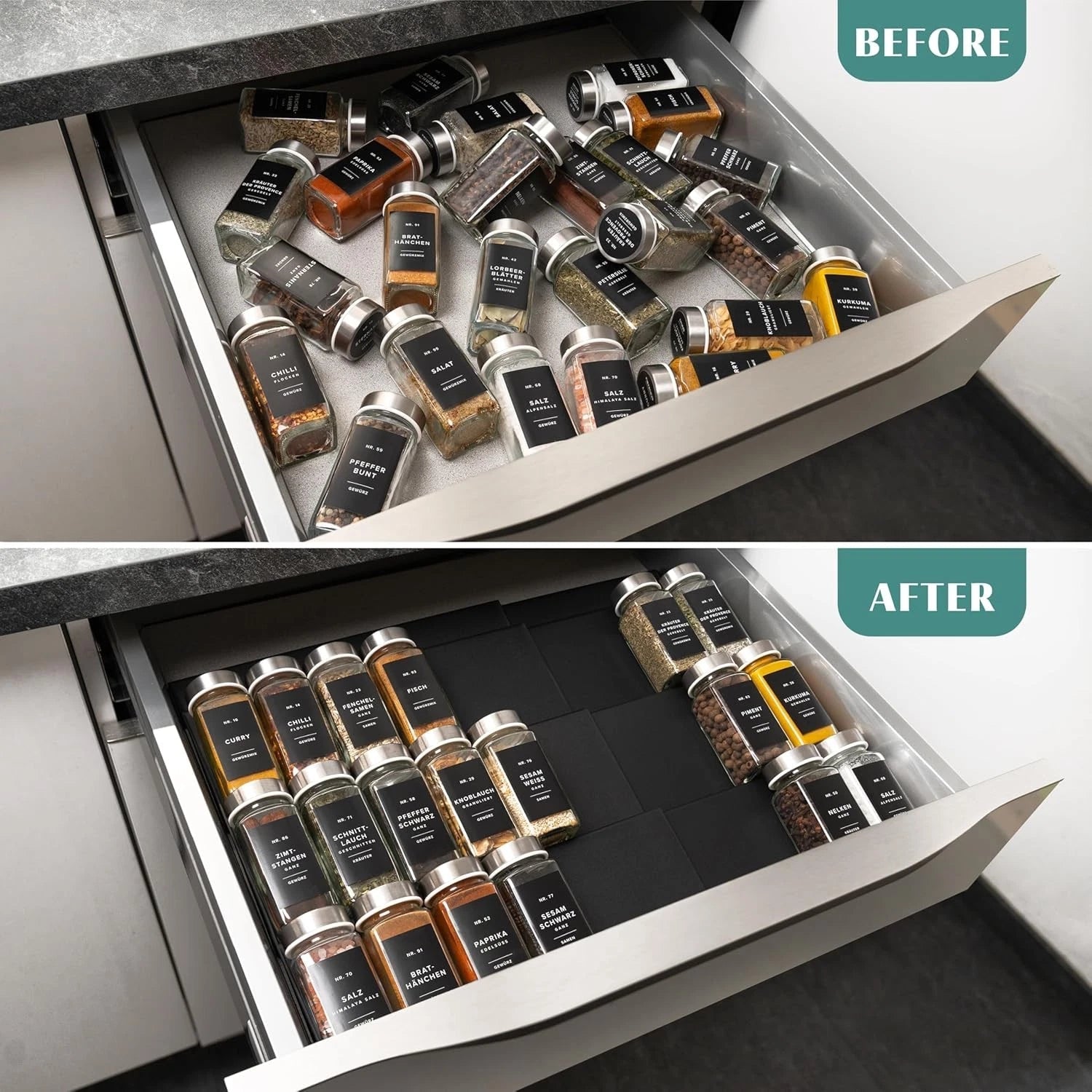 Spice Drawer Organizer - Expandable Spice Rack for Drawer, Black Seasoning 07FC0E-D4 - KOEEK