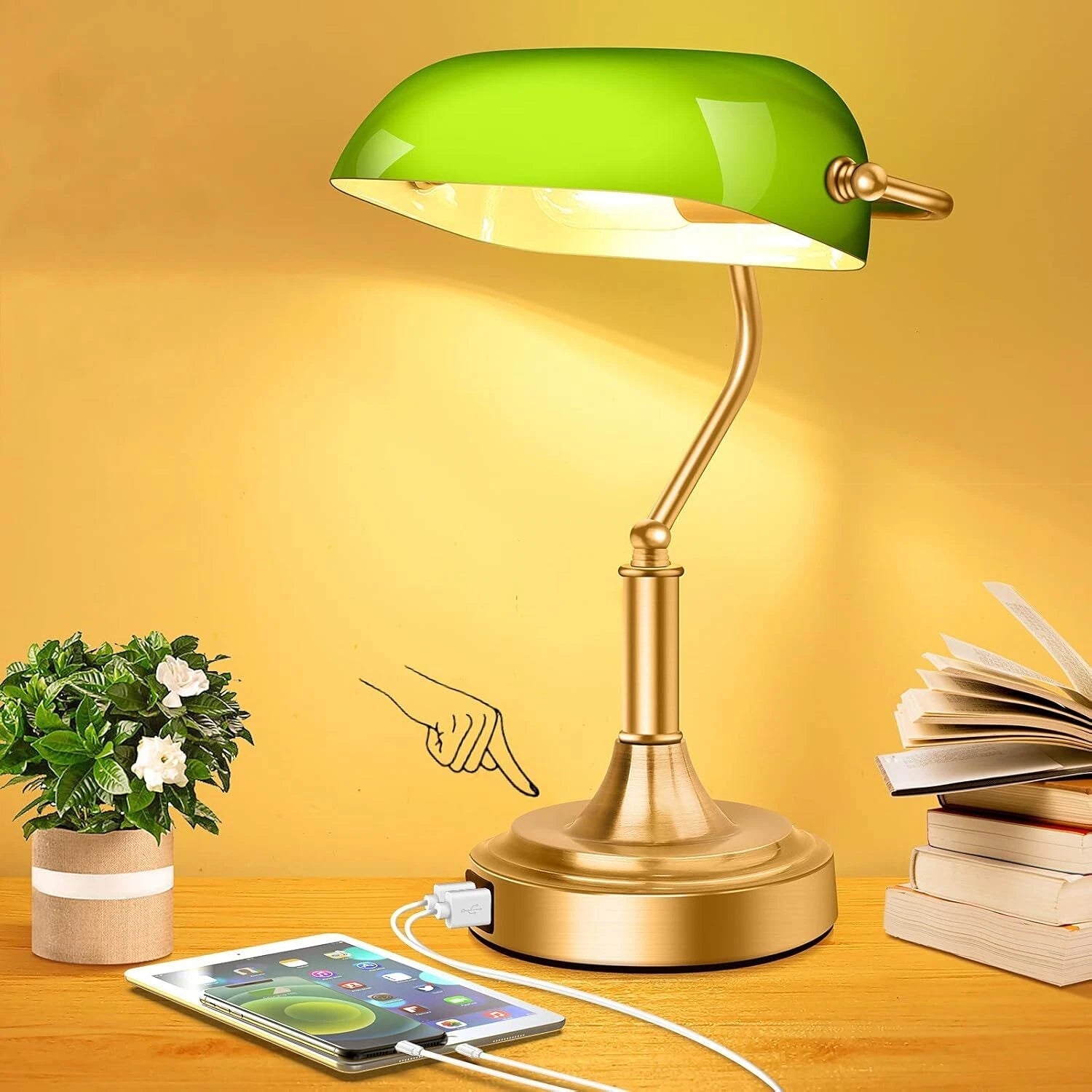 Banker's Desk Lamp with 2 USB Ports, 3-Way Dimmable Vintage Desk Lamp 07FC0E-D4 - KOEEK