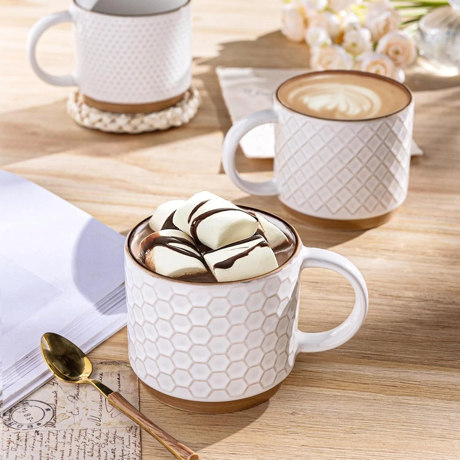 12OZ Stackable Coffee Mugs, Ceramic Coffee Mugs with Texture Patterns 07FC0E-D4 - KOEEK