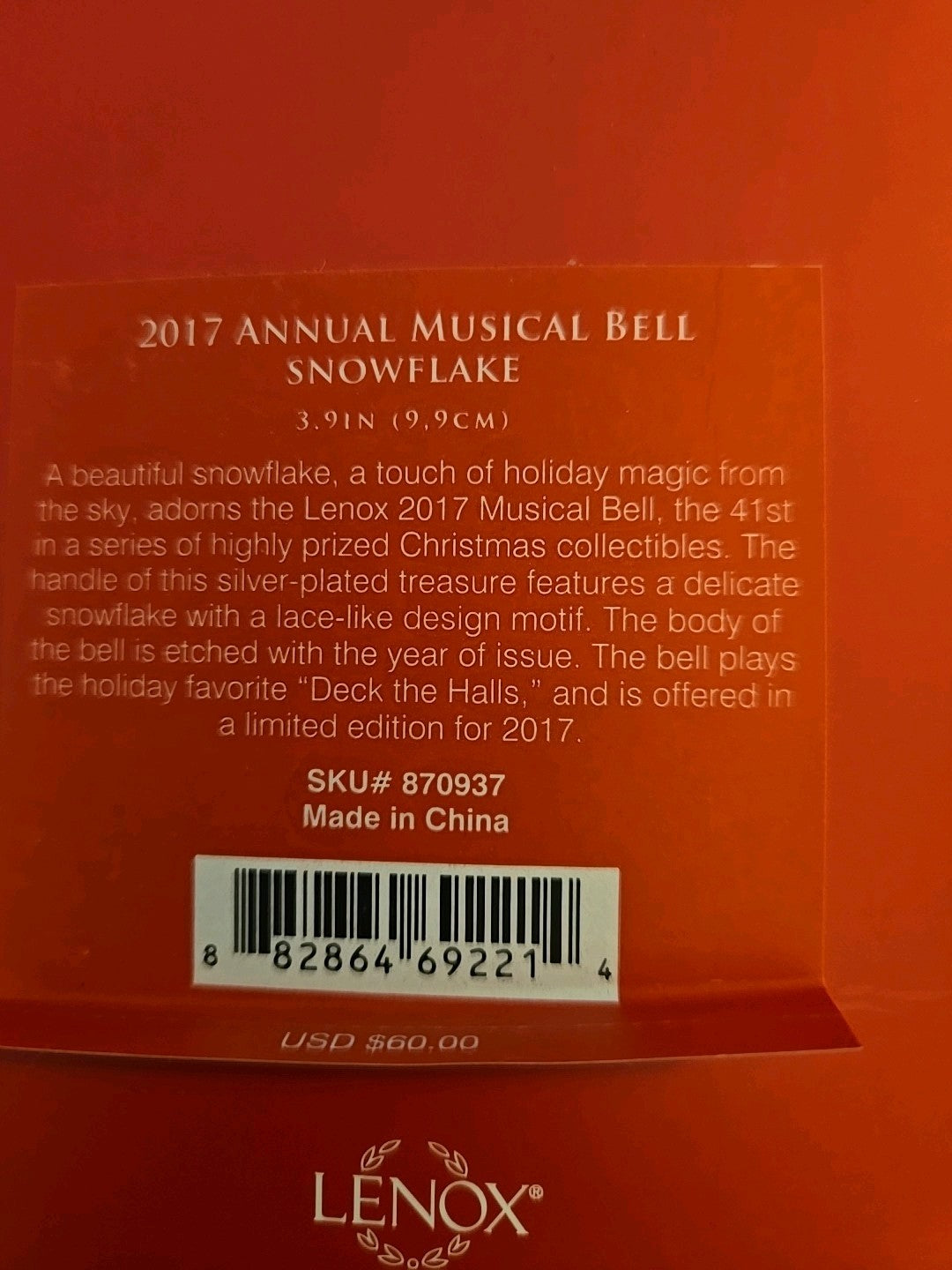 2017 Lenox Silver Musical Bell Snowflake Christmas Tree Ornament 870937 LENOX - KOEEK