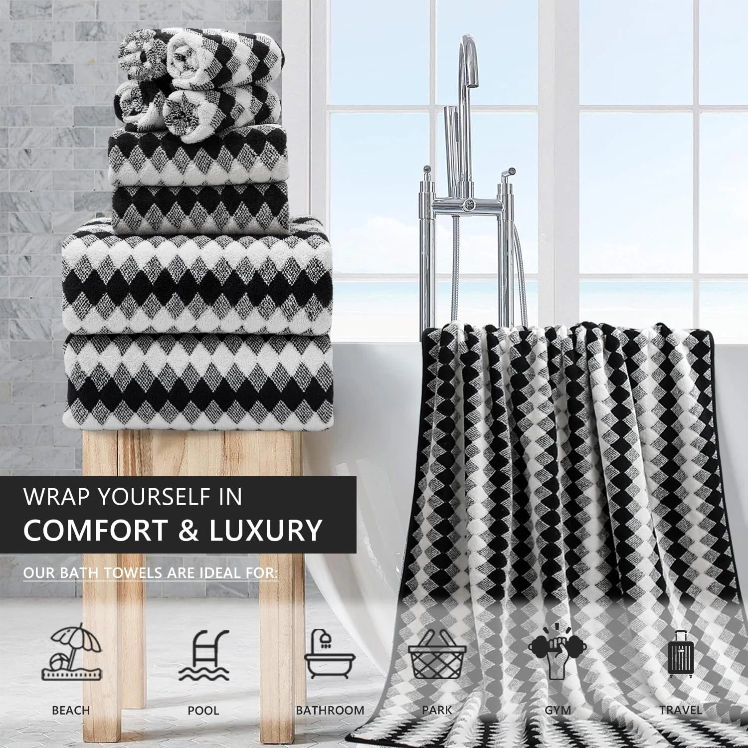 8-piece bathroom towel set (black and white) | 2 extra-large bath towels 07FC0E-D4 - KOEEK