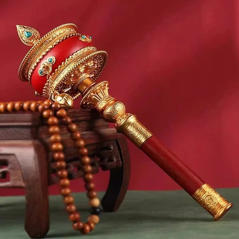 23cm Tibetan Brass Hand Cranked Ten-in-one Scripture Prayer Wheel Buddhist Decor 07FC0E-D4 - KOEEK