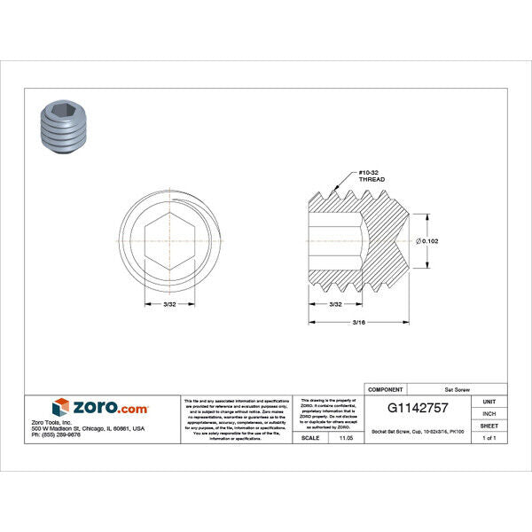 new Zoro Select U07852.019.0018 Socket Set Screw,Cup,10-32X3/16,Pk100