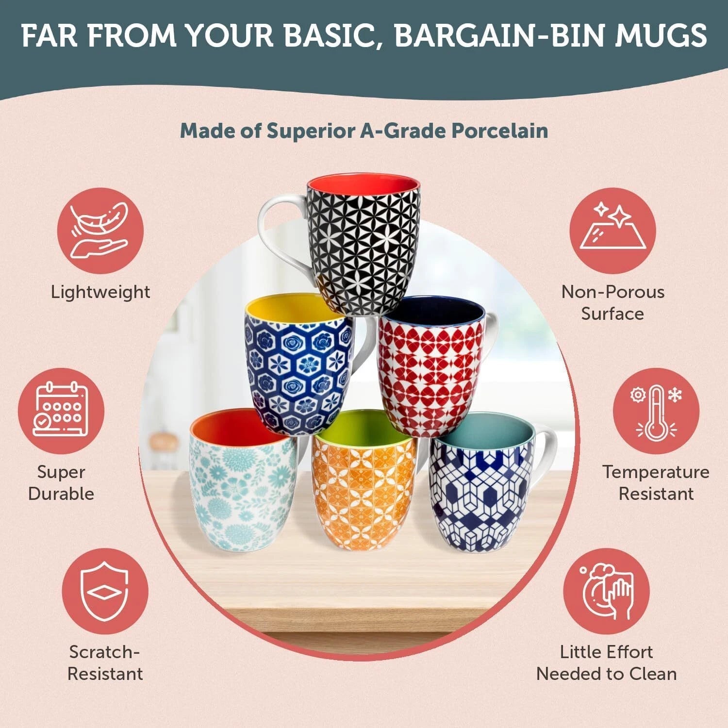 Large Coffee Mug Set of 6 - Porcelain Cups for Women or Men - Microwave 07FC0E-D4 - KOEEK