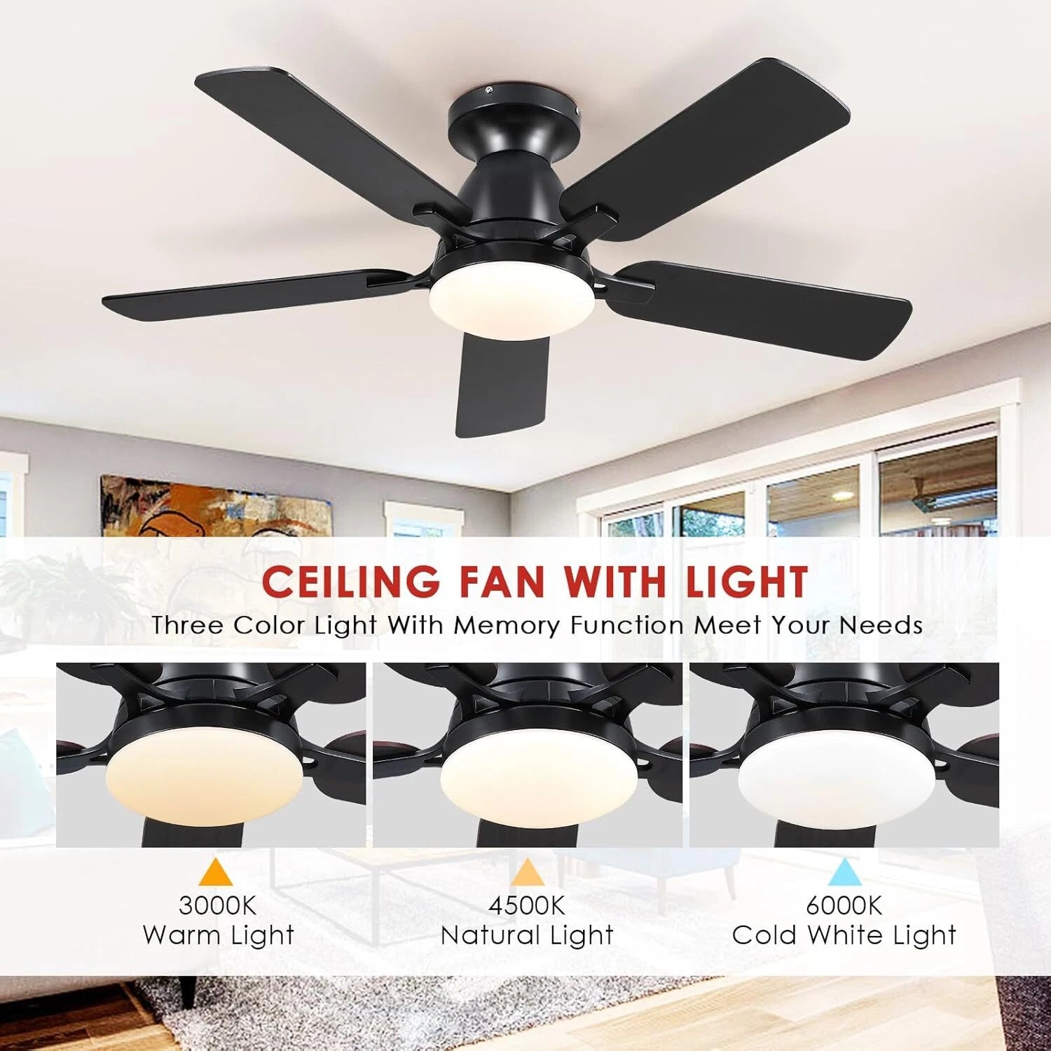 Ceiling Fans with Lights- 46"Low Profile Indoor Ceiling Fan with Light 07FC0E-D4 - KOEEK