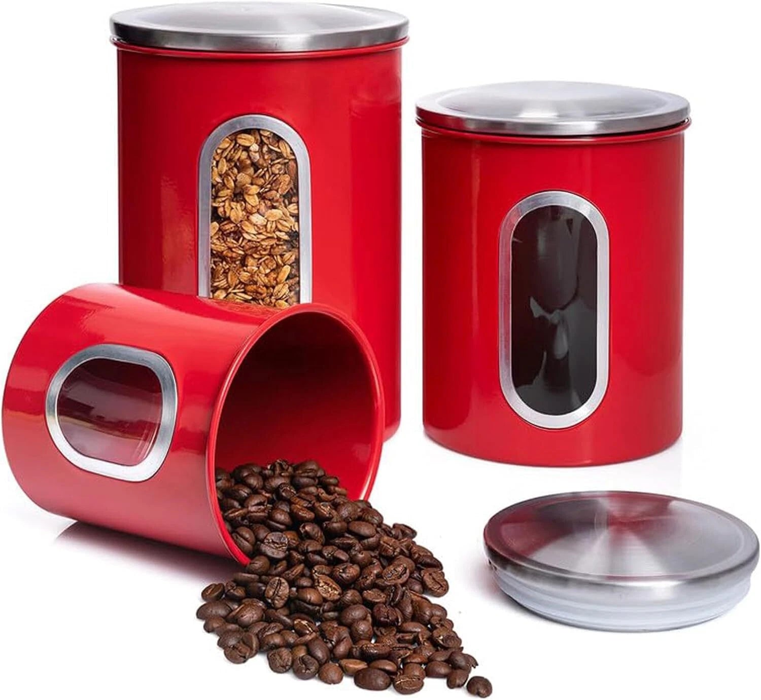 3 Piece Red Canisters Sets For The Kitchen, Kitchen Jars With See Through Window 07FC0E-D4 - KOEEK