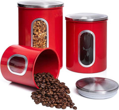 3 Piece Red Canisters Sets For The Kitchen, Kitchen Jars With See Through Window 07FC0E-D4 - KOEEK
