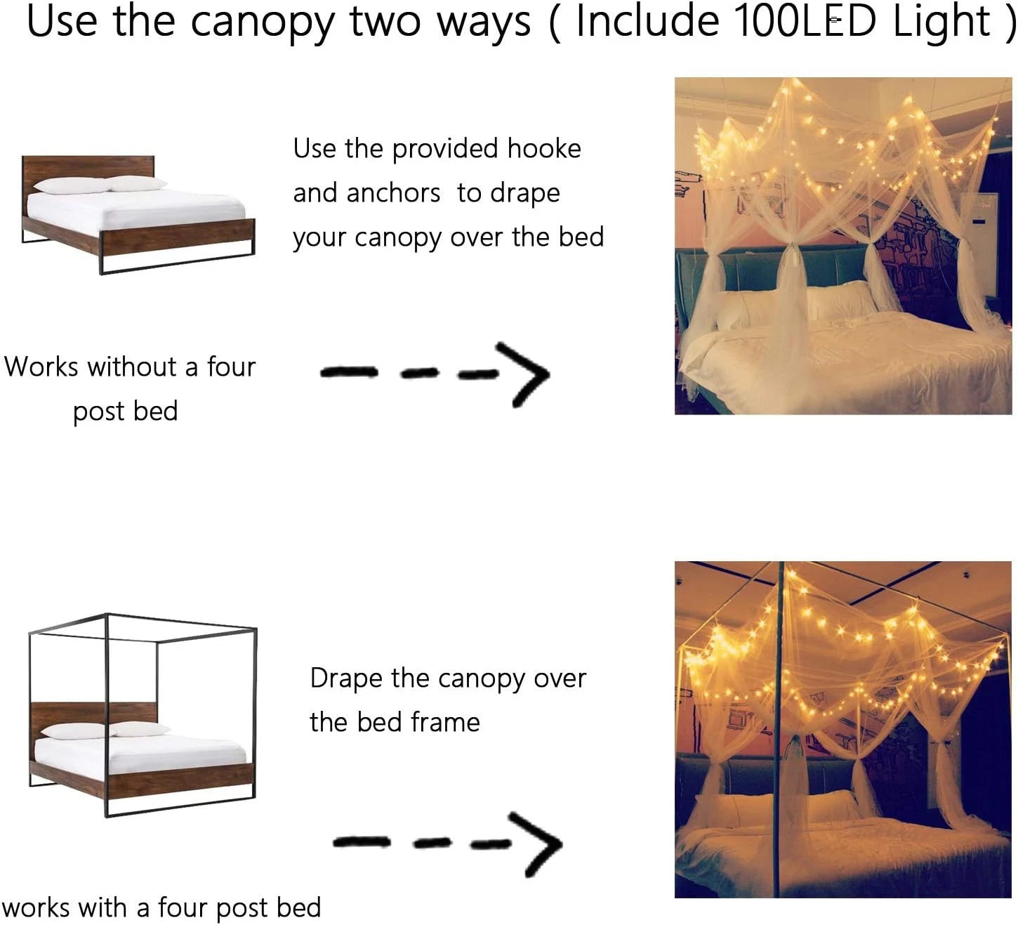 8 Corner Bed Canopy with 100 LED Star String Lights Battery Operated 07FC0E-D4 - KOEEK