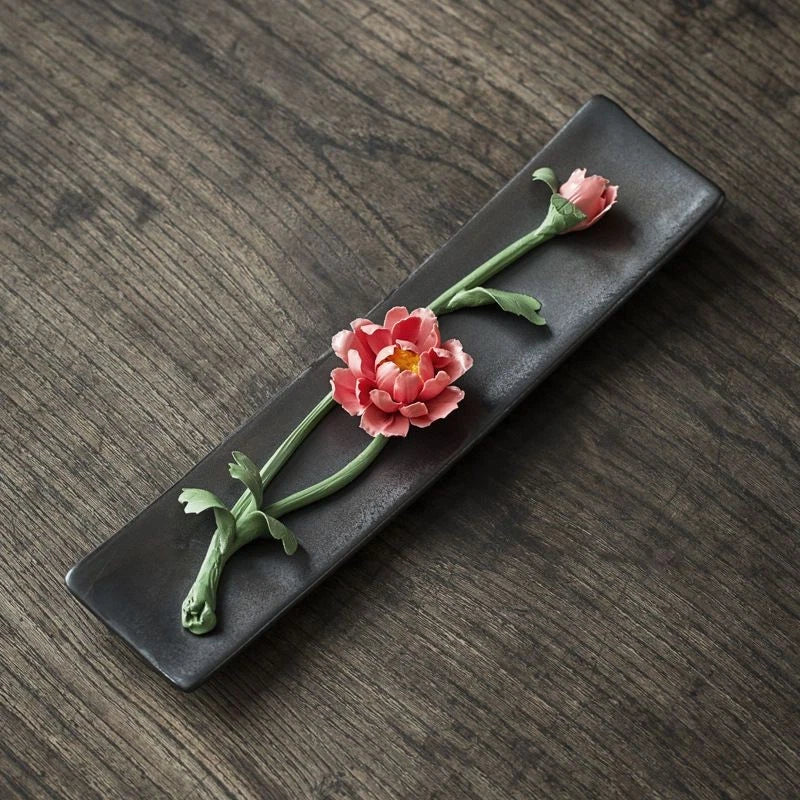 Ceramic Red Peony Stick Incense Holder Zen Home Indoor Decor 07FC0E-D4 - KOEEK